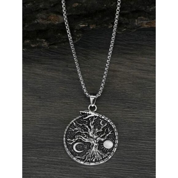 STAINLESS STEEL TREE OF LIFE SUN MOON SNAKE UNISEX PENDANT NECKLACE - Picture 3 of 7